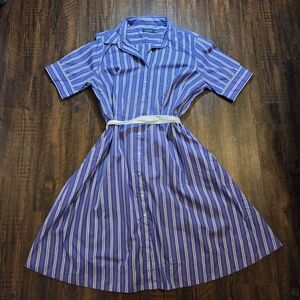 Ralph Lauren Purple and White Buttondown Striped Dress With Belt